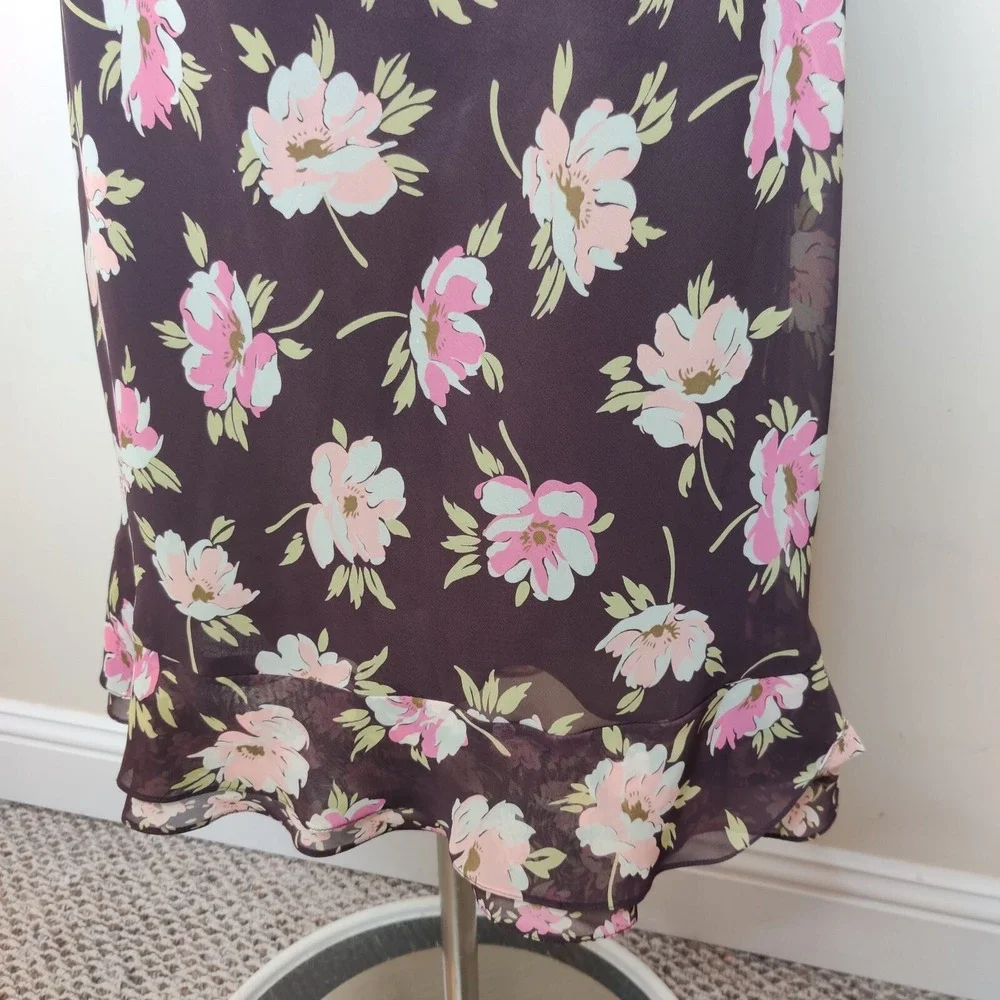 LOFT Floral‎ Dress Sleeveless Ruffled Hem Brown Pink